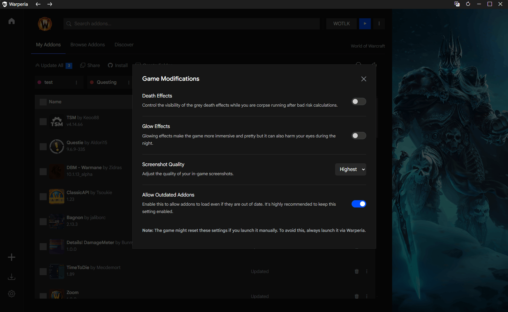 Game modifications screenshot